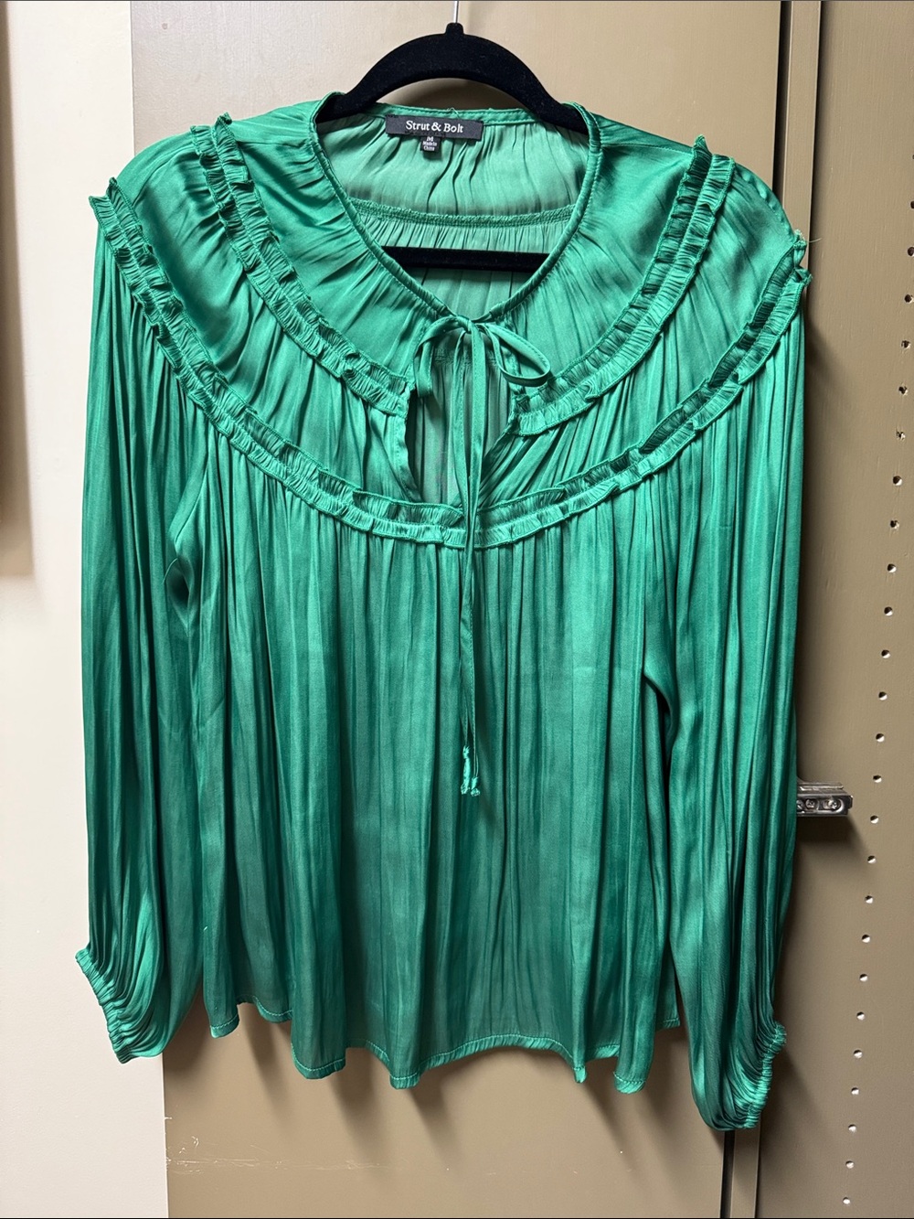Strut & Bolt Emerald Green Ruffle Tie-Neck Blouse
